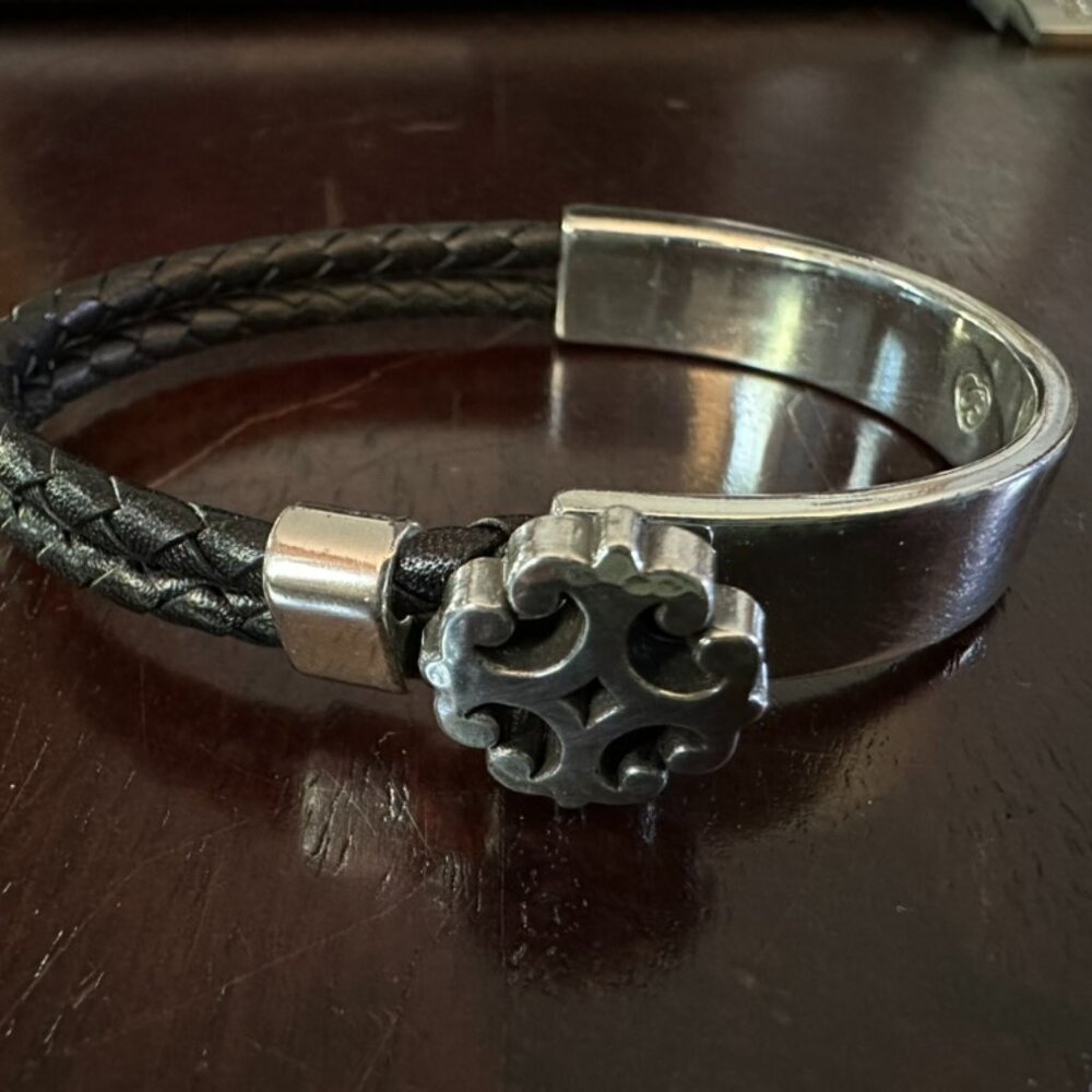 Tory Burch-like silver and braided black leather bracelet